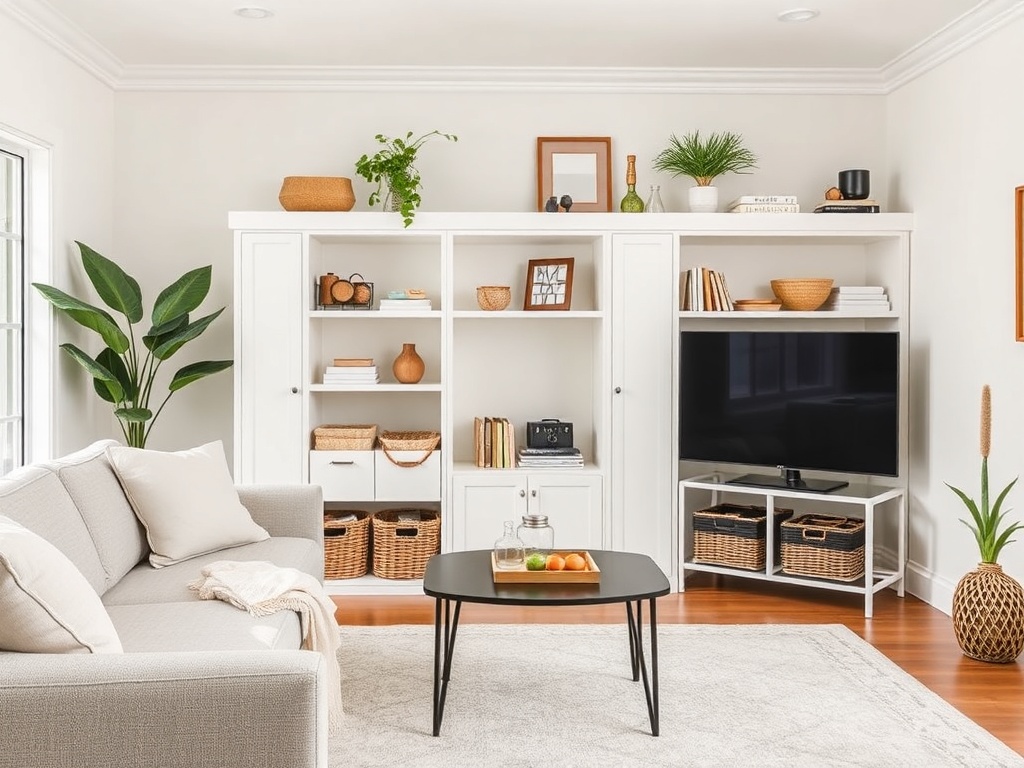 organized living room with hidden storage baskets and clean surfaces