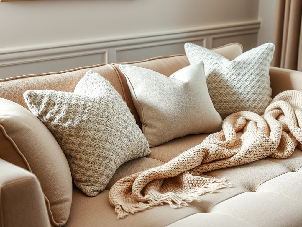 sofa with textured neutral pillows and soft throw blanket creating a cozy upscale look