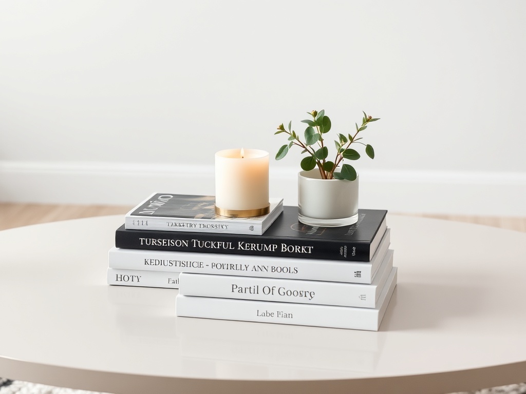 styled coffee table with books, candle, and small plant arranged in a minimalist high-end way