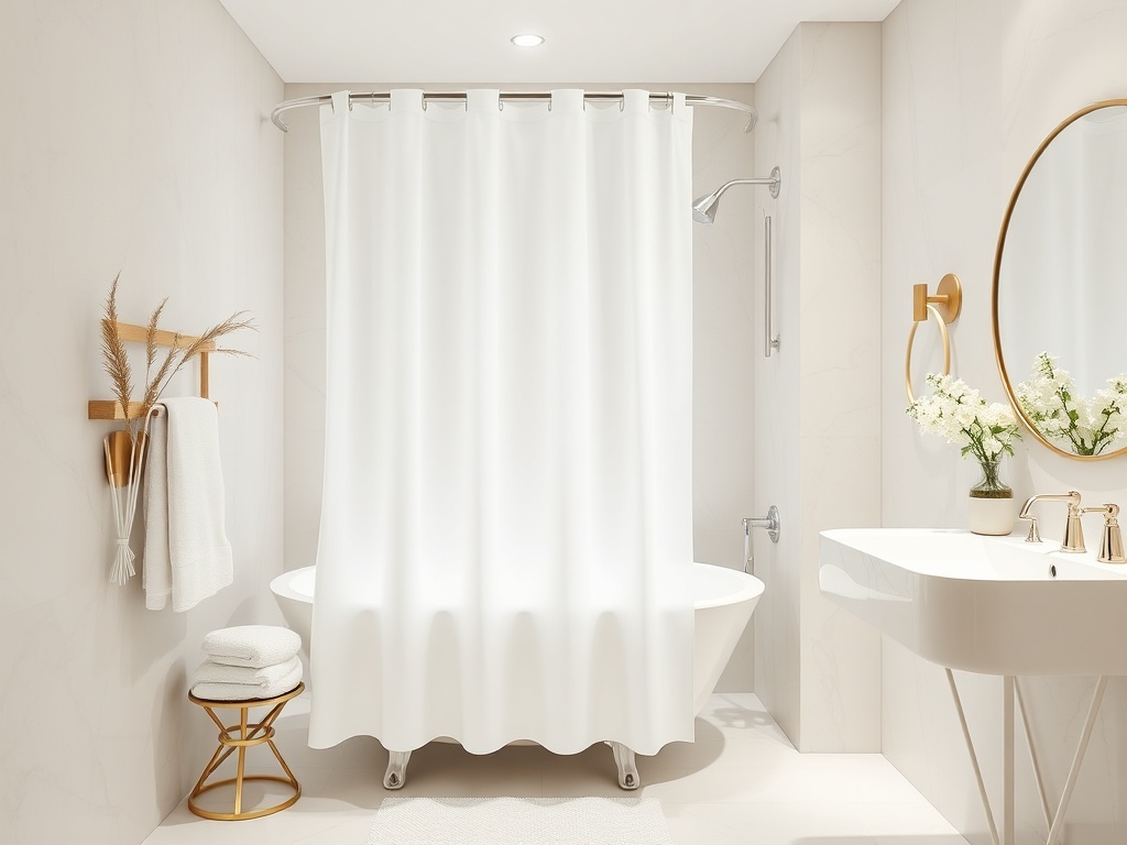 bathroom with crisp white hotel-style shower curtain, minimal decor, spa-like feel