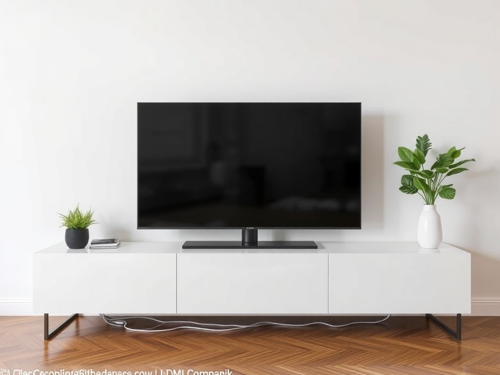 clean media console with hidden cables, minimalist tv setup, sleek decor