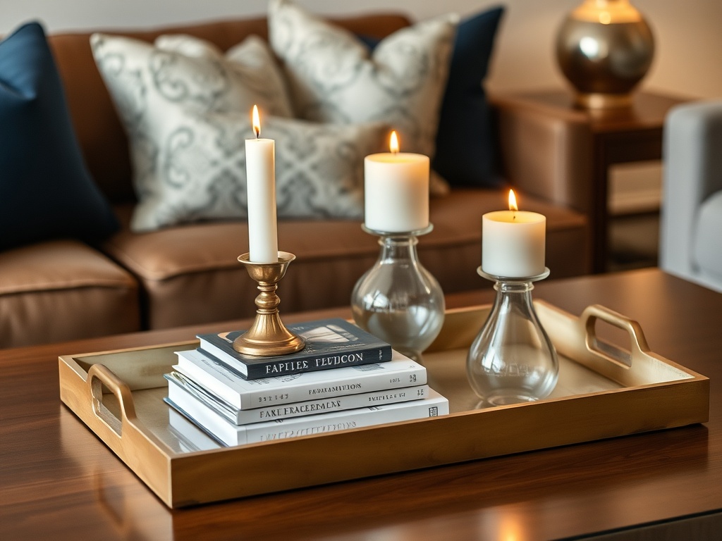 decorative tray styling coffee table, candles books and vase arranged neatly