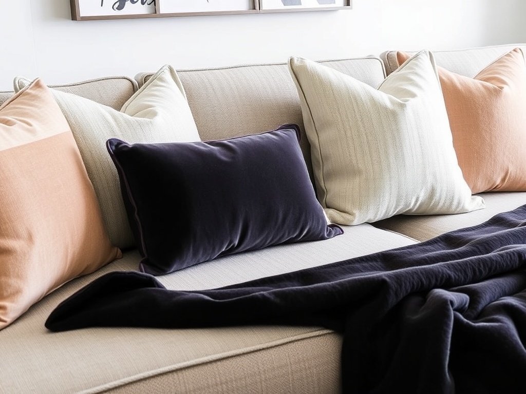 designer throw pillows mixed textures, linen and velvet, modern sofa styling