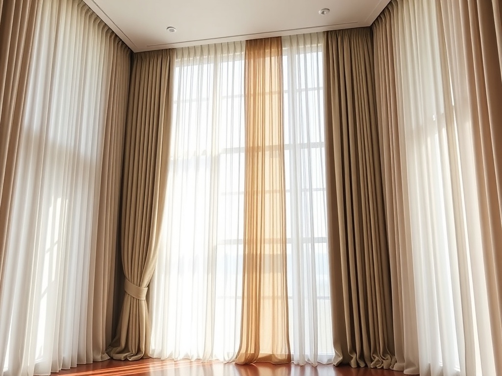 floor to ceiling curtains hung high and wide, elegant window styling, airy room