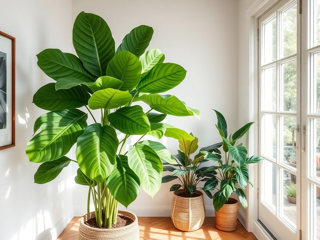 indoor plant corner with large fiddle leaf fig, bright airy room, modern decor