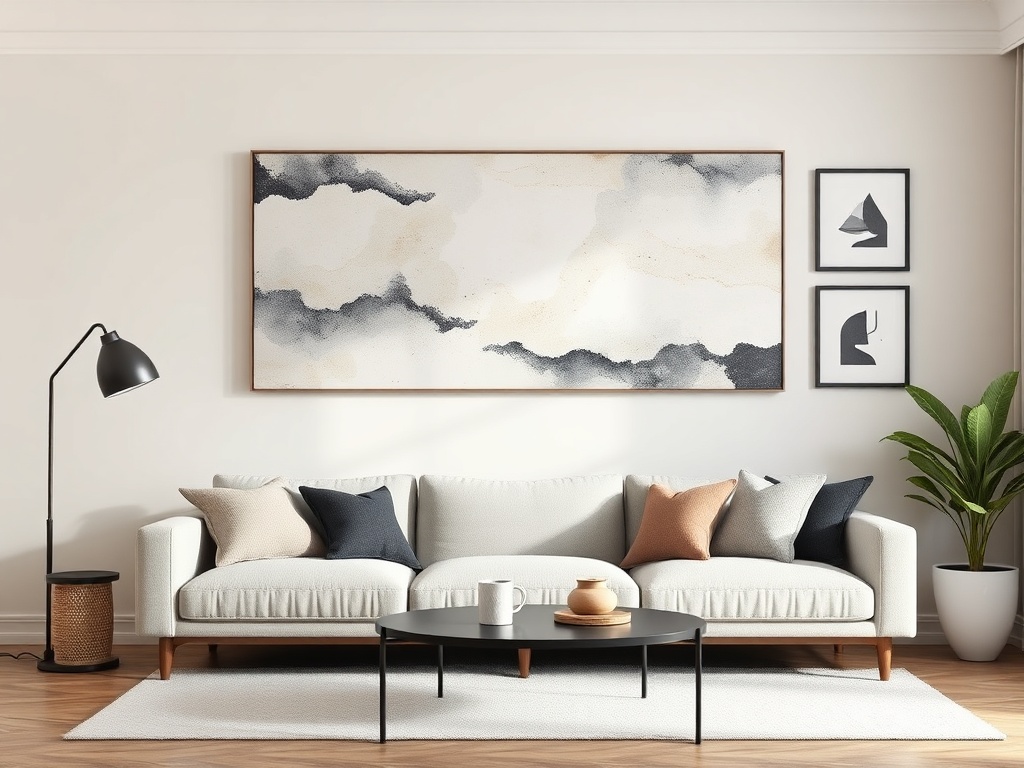 large abstract canvas art above sofa, minimalist living room, neutral tones, gallery-style wall