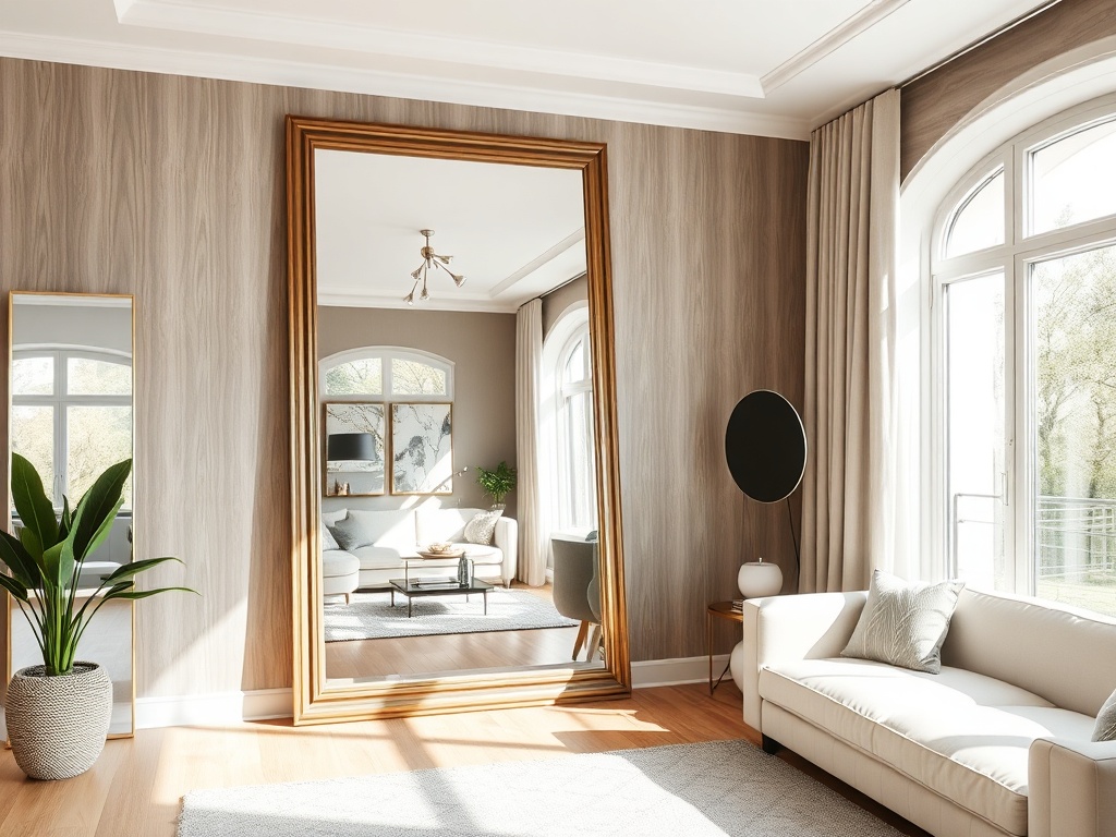 large leaning mirror reflecting natural light, bright living room, spacious look
