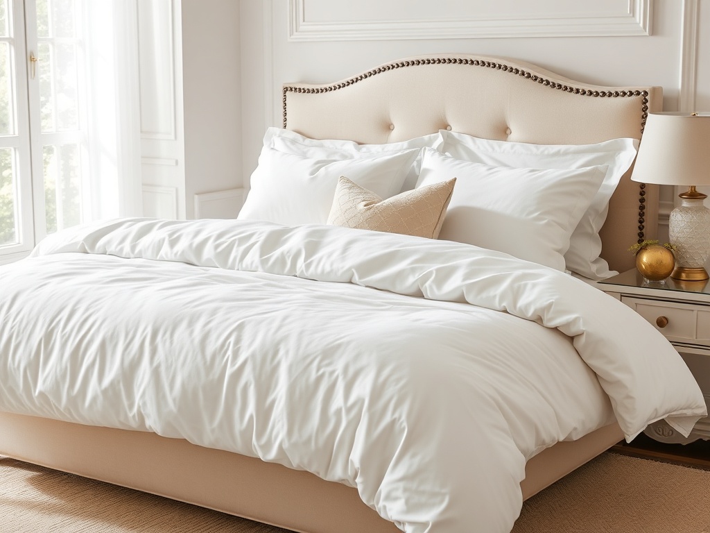 luxury white bedding hotel style, fluffy pillows, crisp sheets, bright bedroom