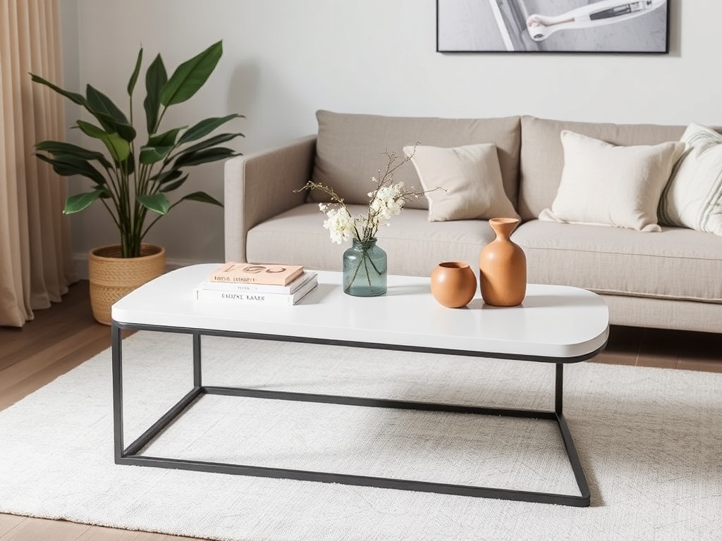 minimalist coffee table styling, clean surfaces, neutral decor, modern aesthetic