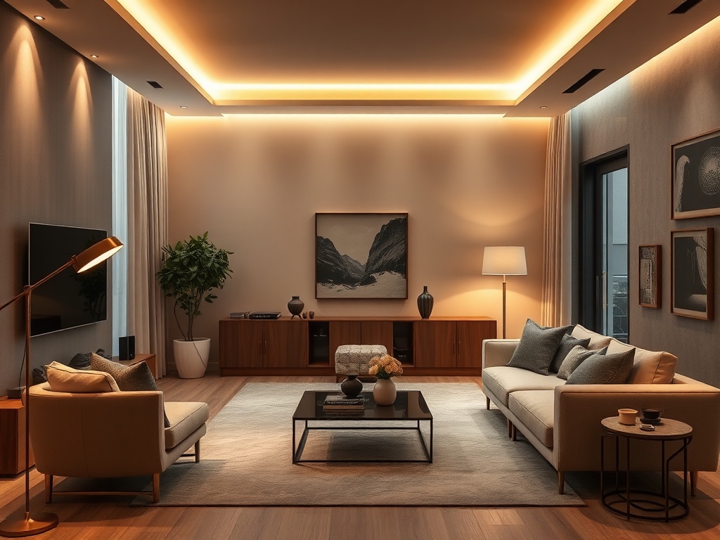 modern living room with layered lighting, warm ambient light, stylish floor lamp, cozy upscale vibe