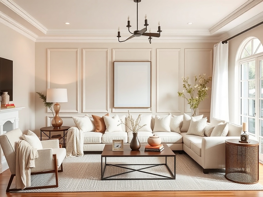 neutral color palette living room, cohesive tones, soft beige and white decor