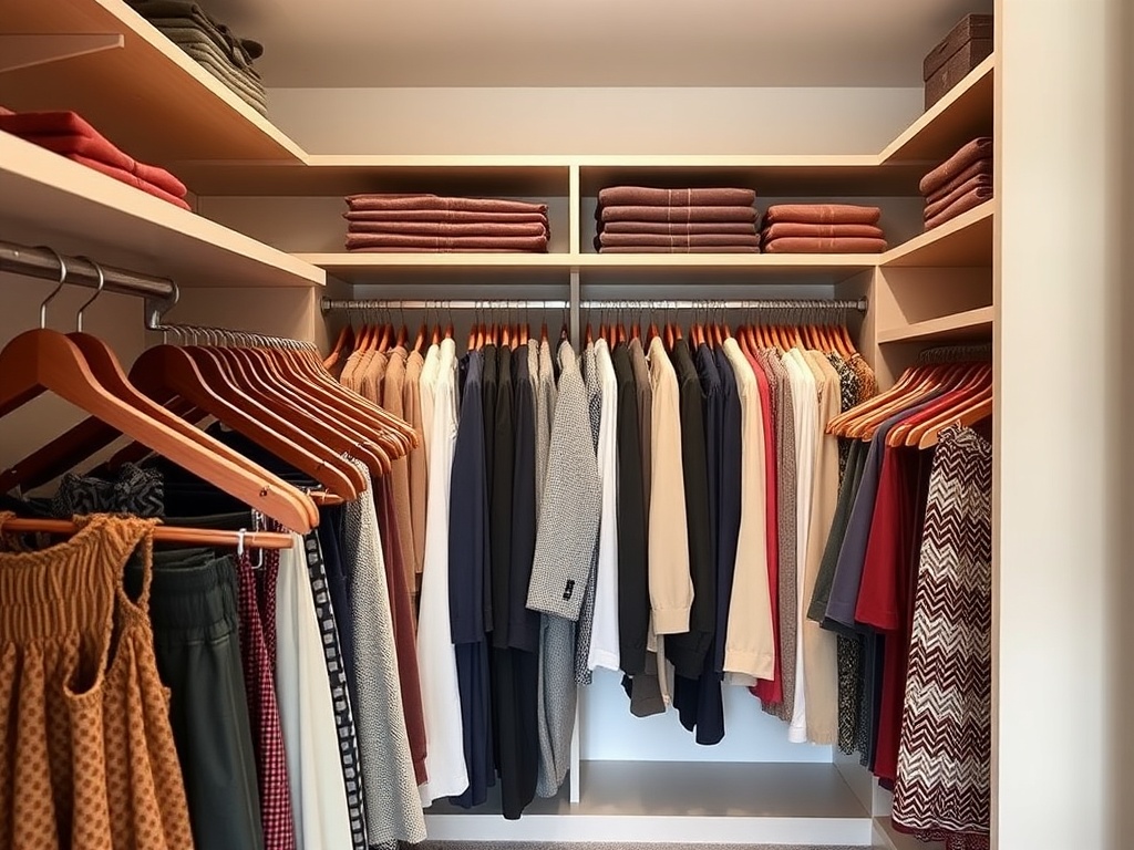 organized closet with matching velvet hangers, neat clothing rows, boutique feel