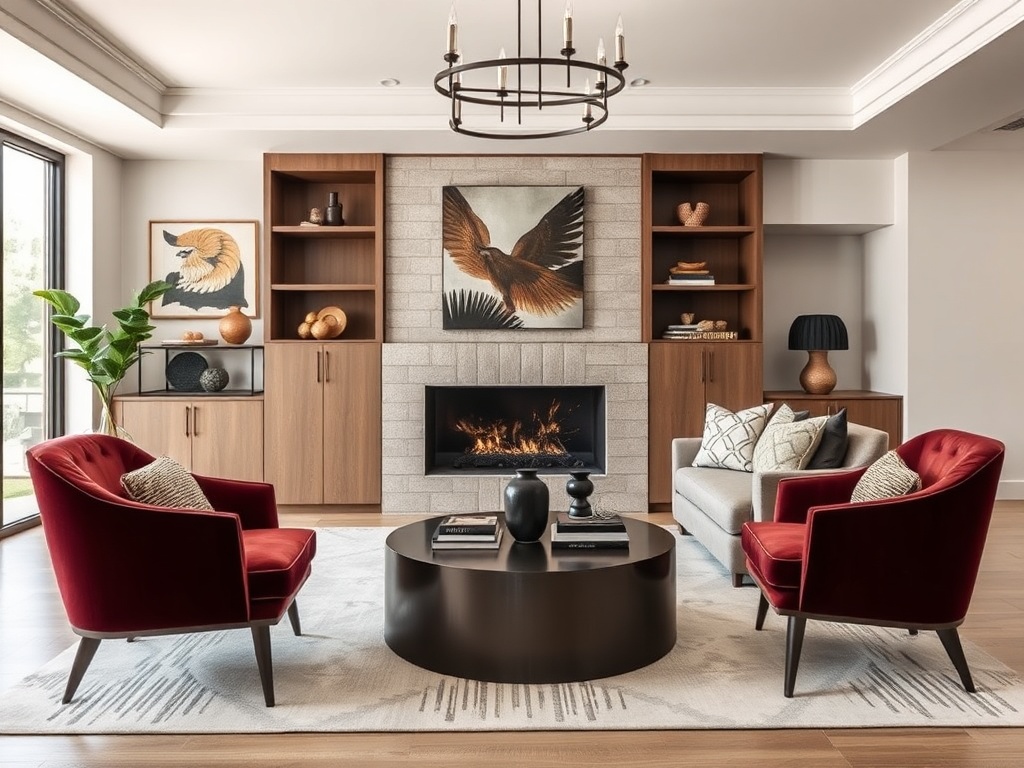 statement accent chair in modern living room, bold design centerpiece, upscale vibe