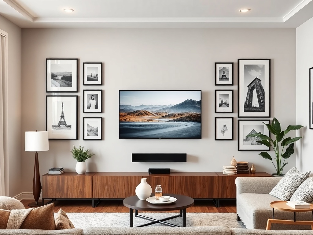 tv styled as framed art, gallery wall integration, modern living room