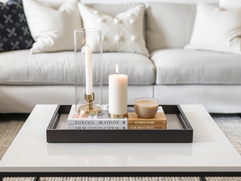 clean coffee table styling tray books candle minimalist decor