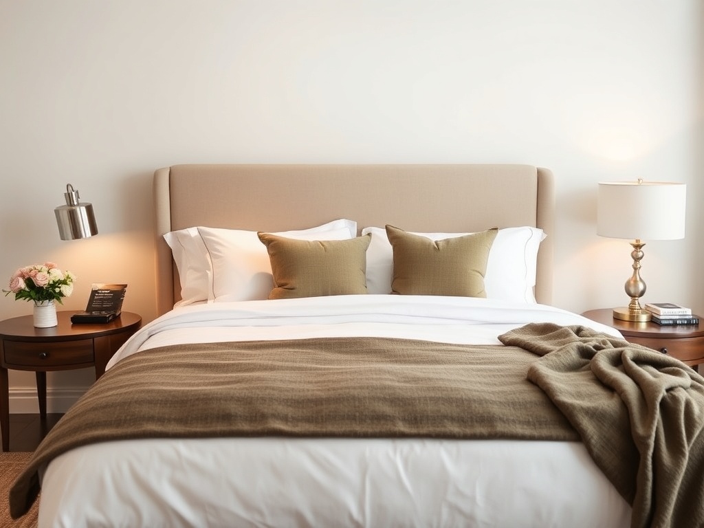 hotel style bed crisp white bedding layered pillows cozy bedroom