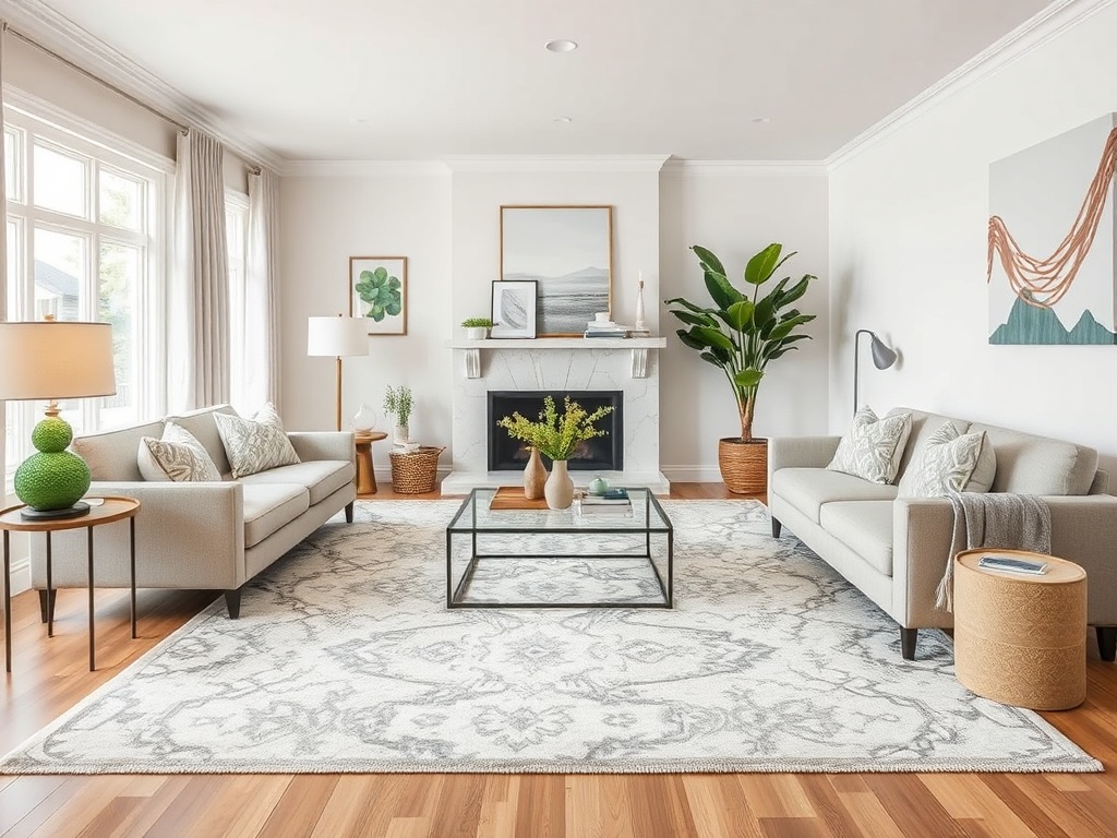 large area rug living room neutral pattern grounding furniture