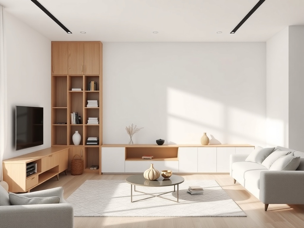 minimalist tidy living room hidden storage clean surfaces