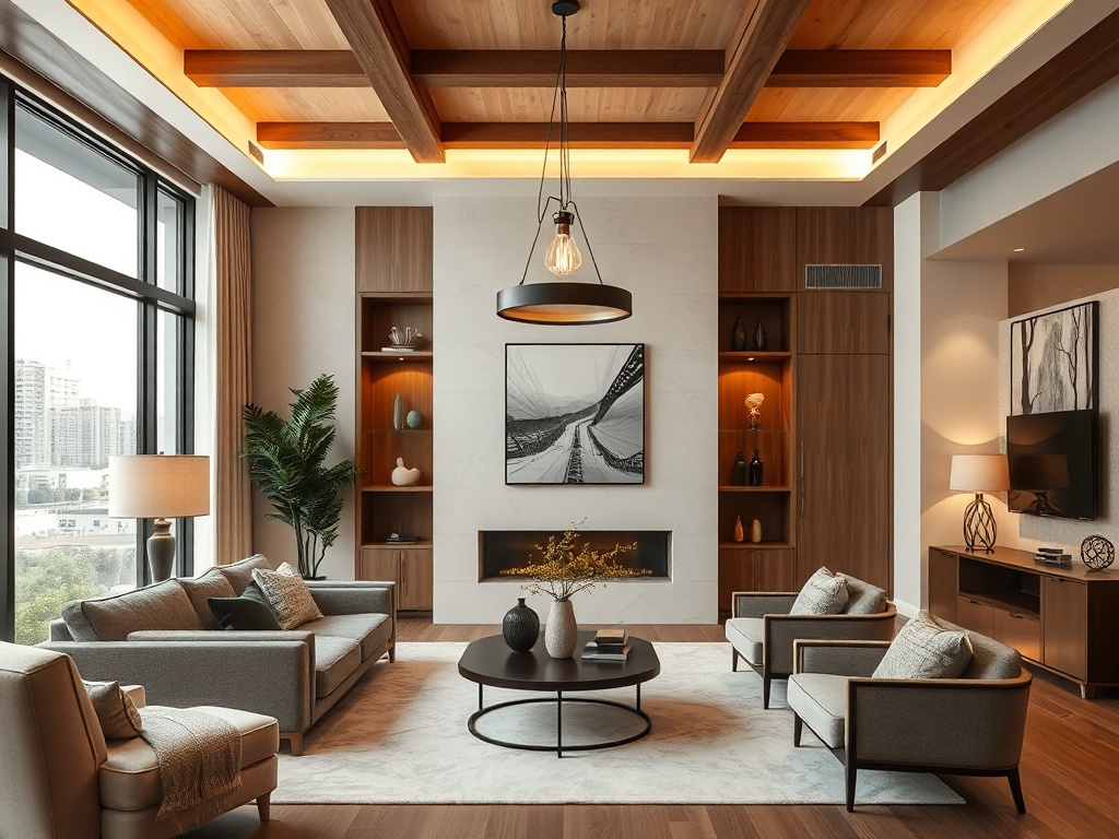 modern living room with statement pendant light warm lighting cozy upscale vibe