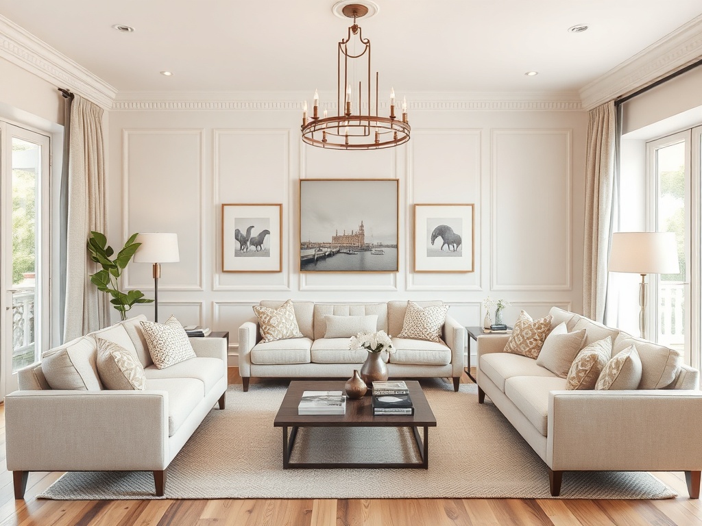 neutral color palette living room beige cream wood tones cohesive interior design