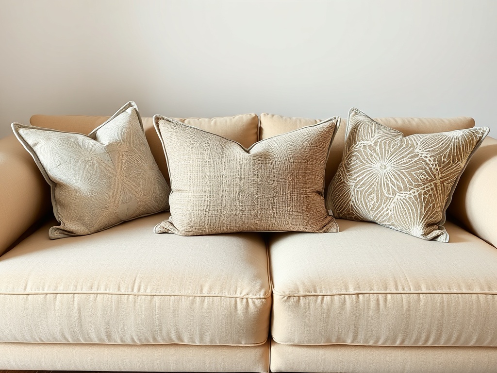 sofa with stylish throw pillows neutral tones modern patterns
