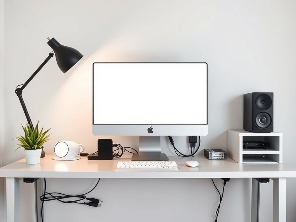clean desk setup with hidden cables, minimal workspace, modern aesthetic