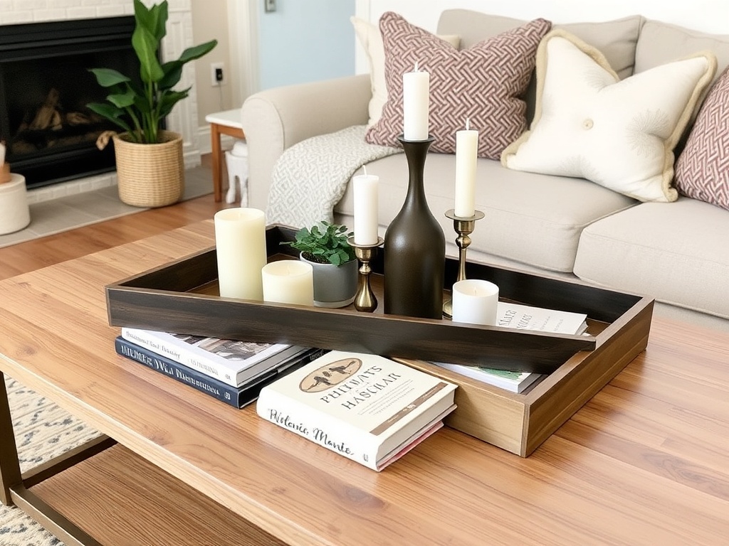 coffee table styling with tray, candles, books, minimal decor, cozy living room