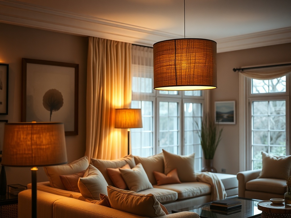 cozy living room with warm lighting, linen lampshades, ambient glow, layered lighting