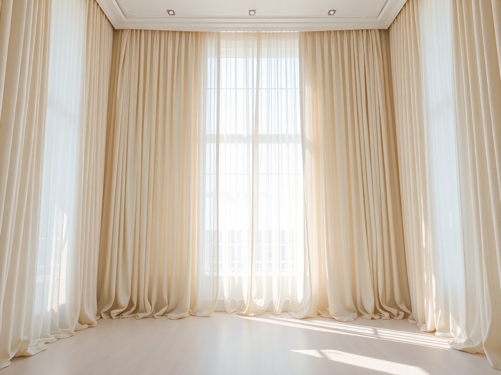 floor to ceiling curtains in neutral tones, bright room, tall windows, airy aesthetic