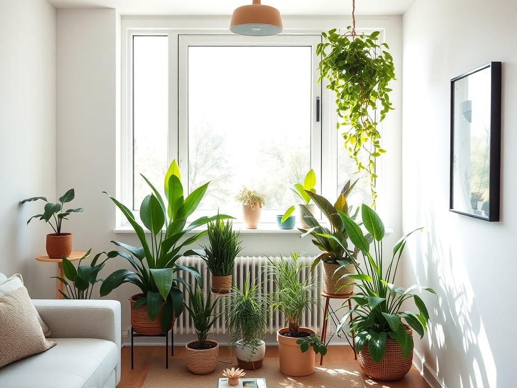 indoor plants styled in modern home, sunlight, clean decor, minimal aesthetic