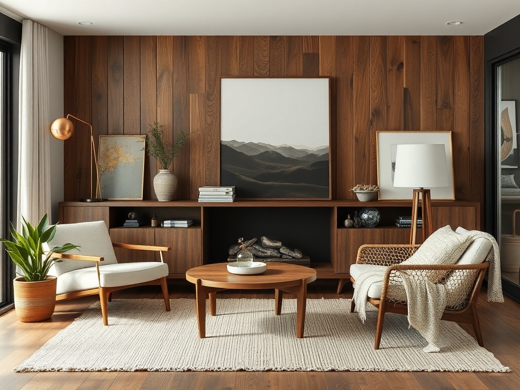 interior styling with wood metal linen textures, layered materials, modern decor