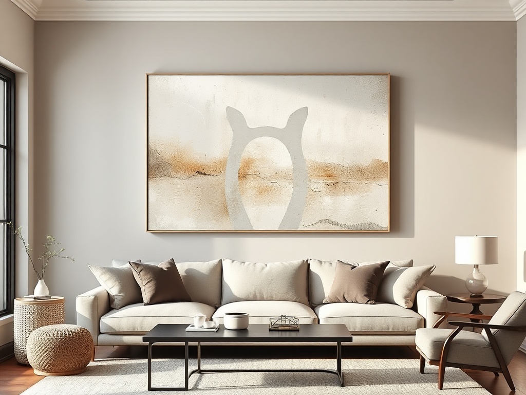 large abstract canvas art in neutral tones above sofa, modern living room, soft natural light