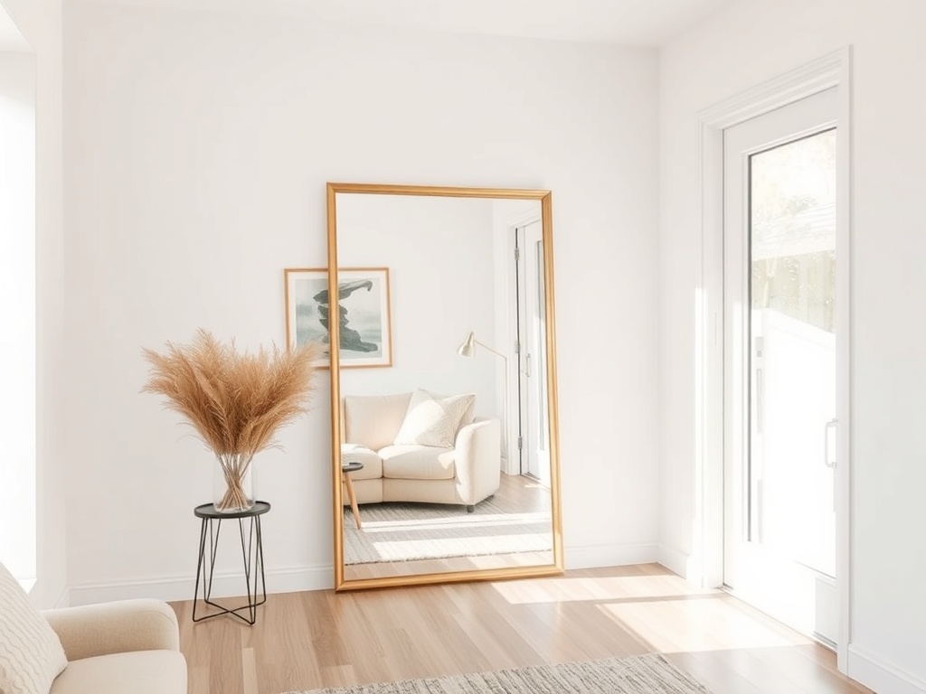 large mirror reflecting light in small living room, airy bright space