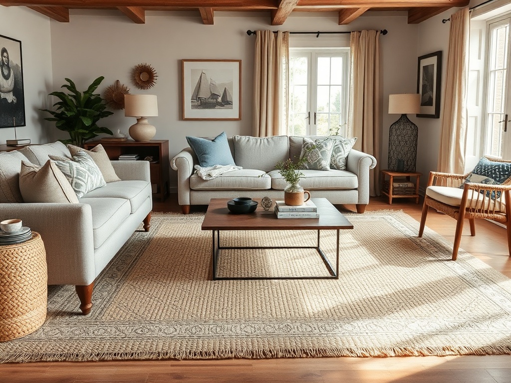 layered rugs jute and patterned rug, cozy living room, textured styling