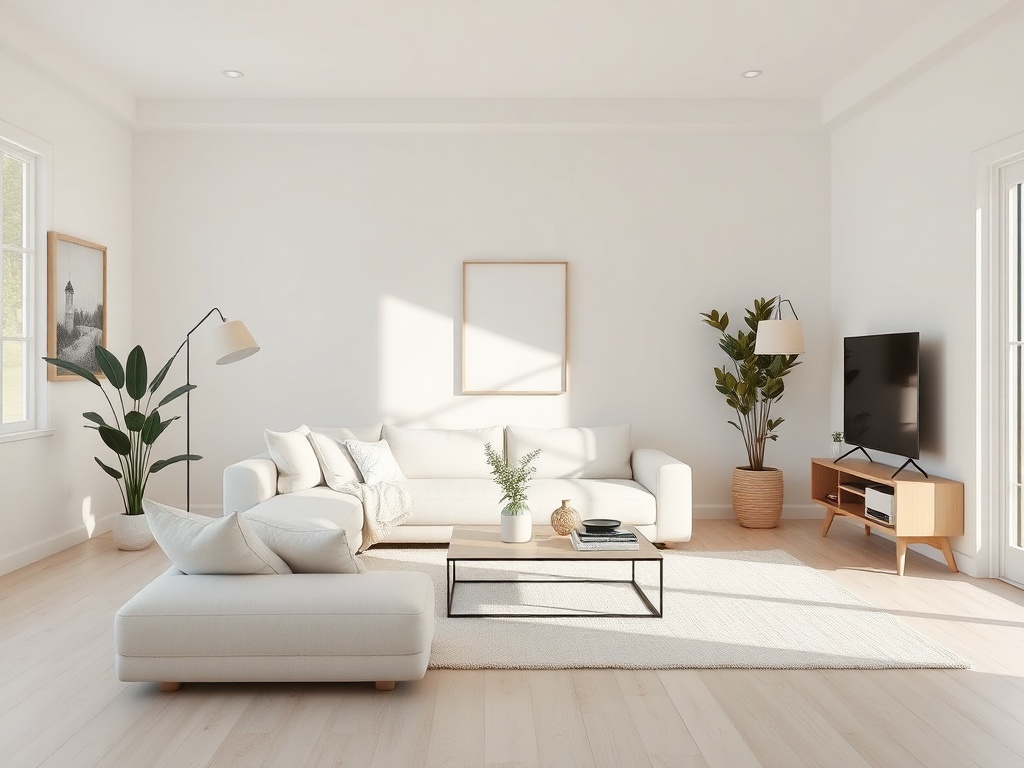 minimalist clean living room surfaces, decluttered space, serene neutral palette