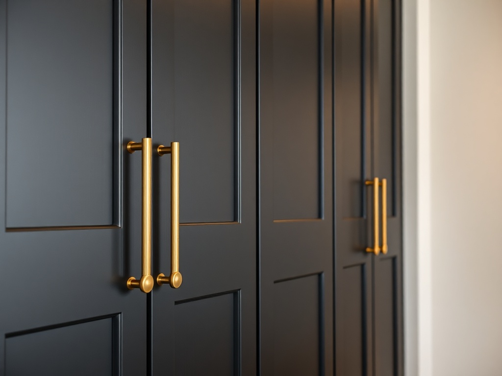 modern kitchen cabinets with matte black and brass handles, close-up, warm lighting, minimalist design
