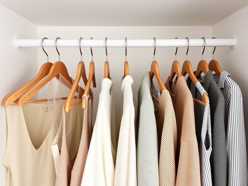 organized closet with matching wooden hangers, neutral clothing, clean aesthetic