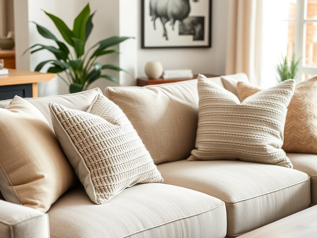 sofa with neutral and textured throw pillows, cozy modern living room