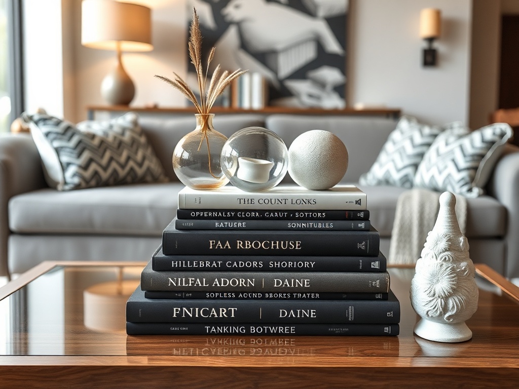 stacked books styled on coffee table with decor objects, modern interior