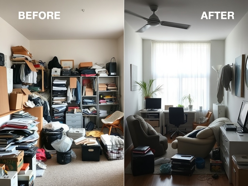 a cluttered room being cleared out, before and after transformation, natural light, minimal modern interior