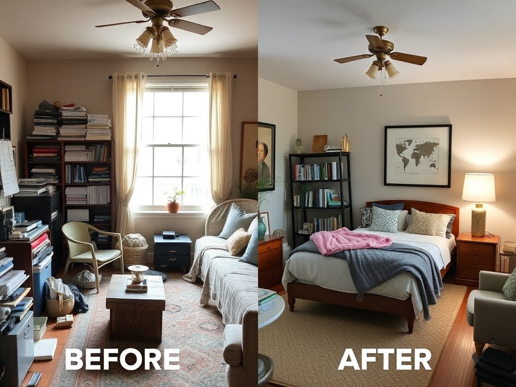 design mistakes comparison cluttered vs clean room, before and after interior