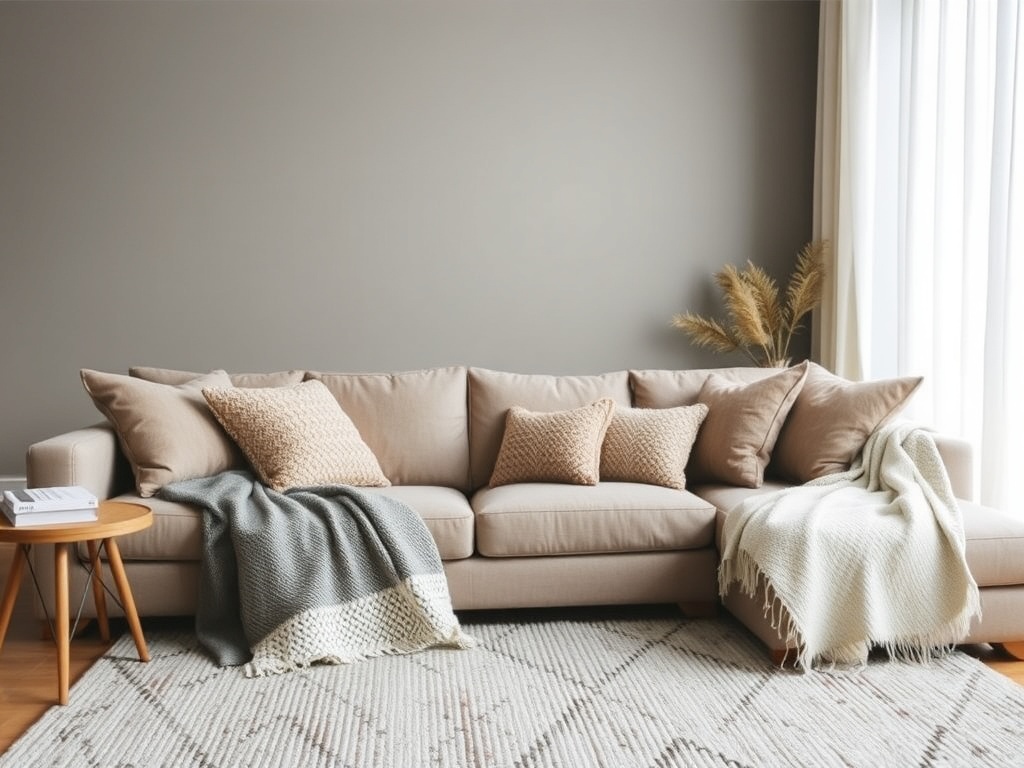 layered textiles in a living room, throw pillows, textured rug, cozy blankets, neutral tones