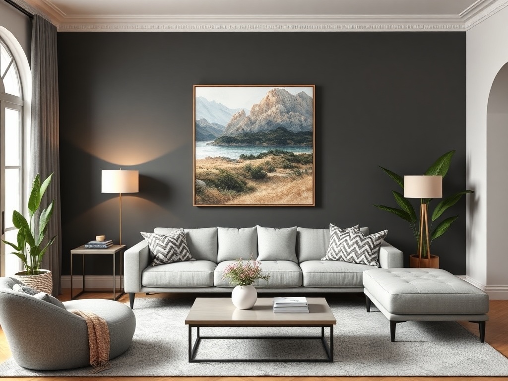 living room with bold accent wall paint or large artwork focal point, budget decor aesthetic