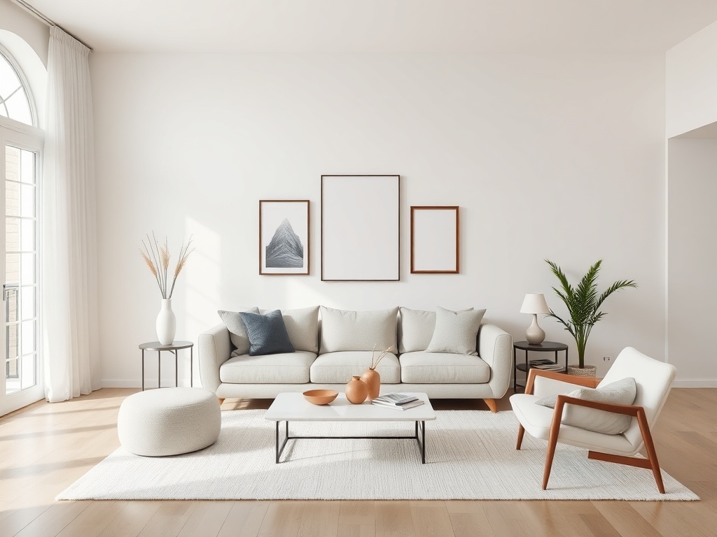minimalist styled living room, clean surfaces, curated decor, calm atmosphere