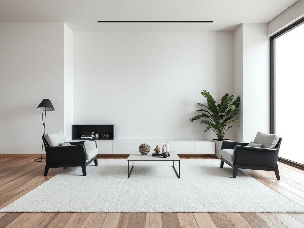 modern room with subtle color contrast, black accents, wood textures, balanced design