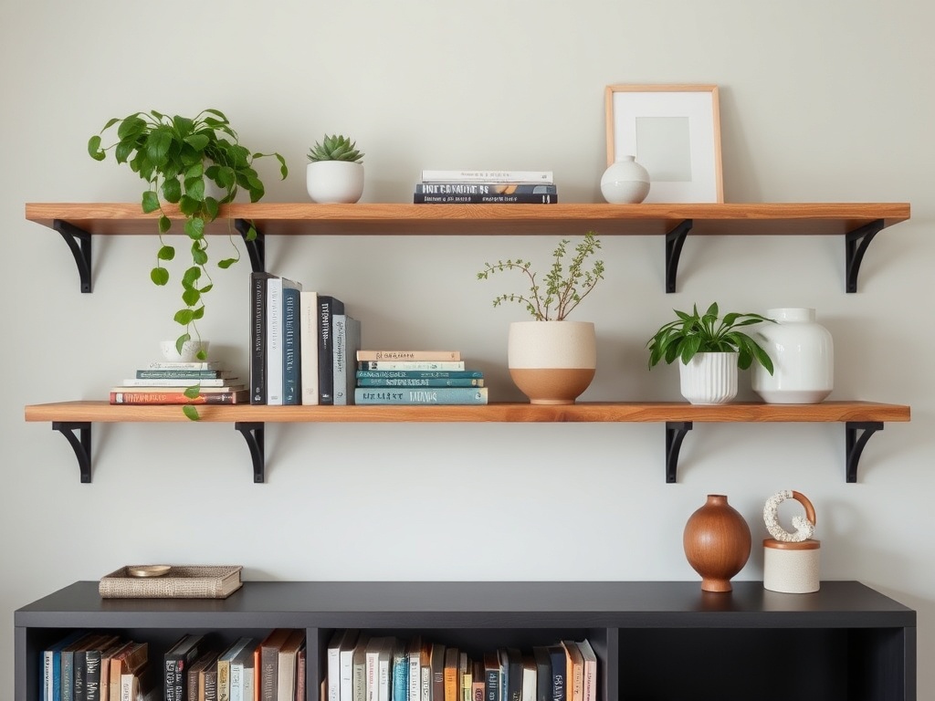 styled shelves with books, plants, ceramics, minimalist decor styling
