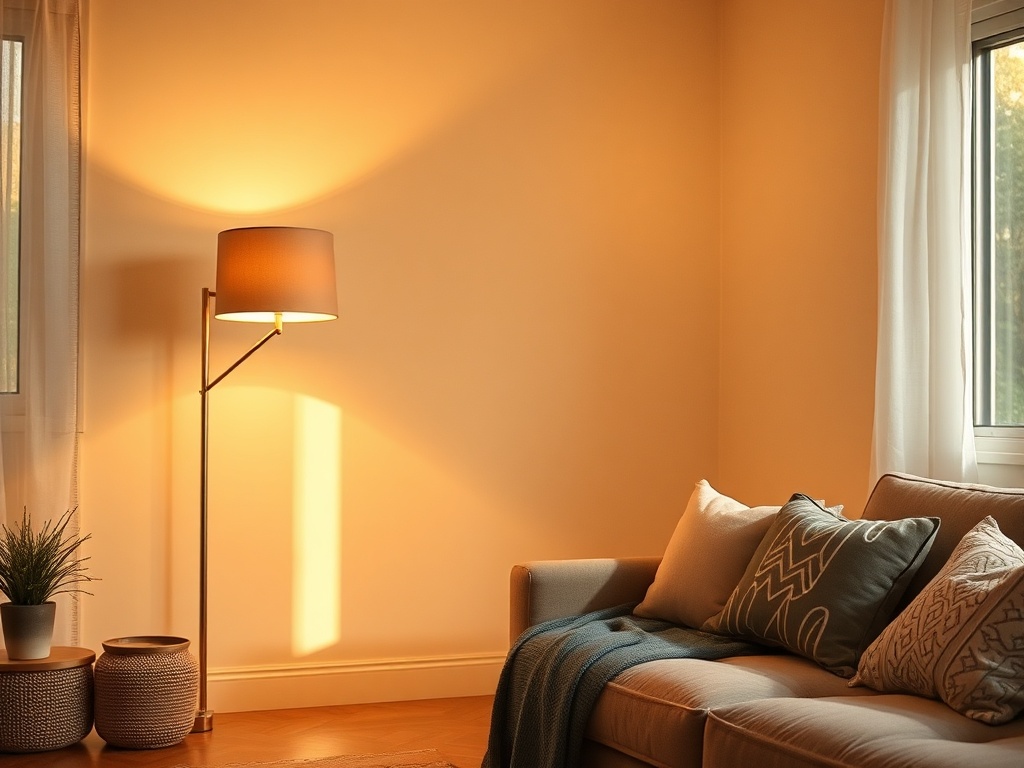 warm layered lighting in a cozy living room, floor lamp, table lamp, ambient lighting