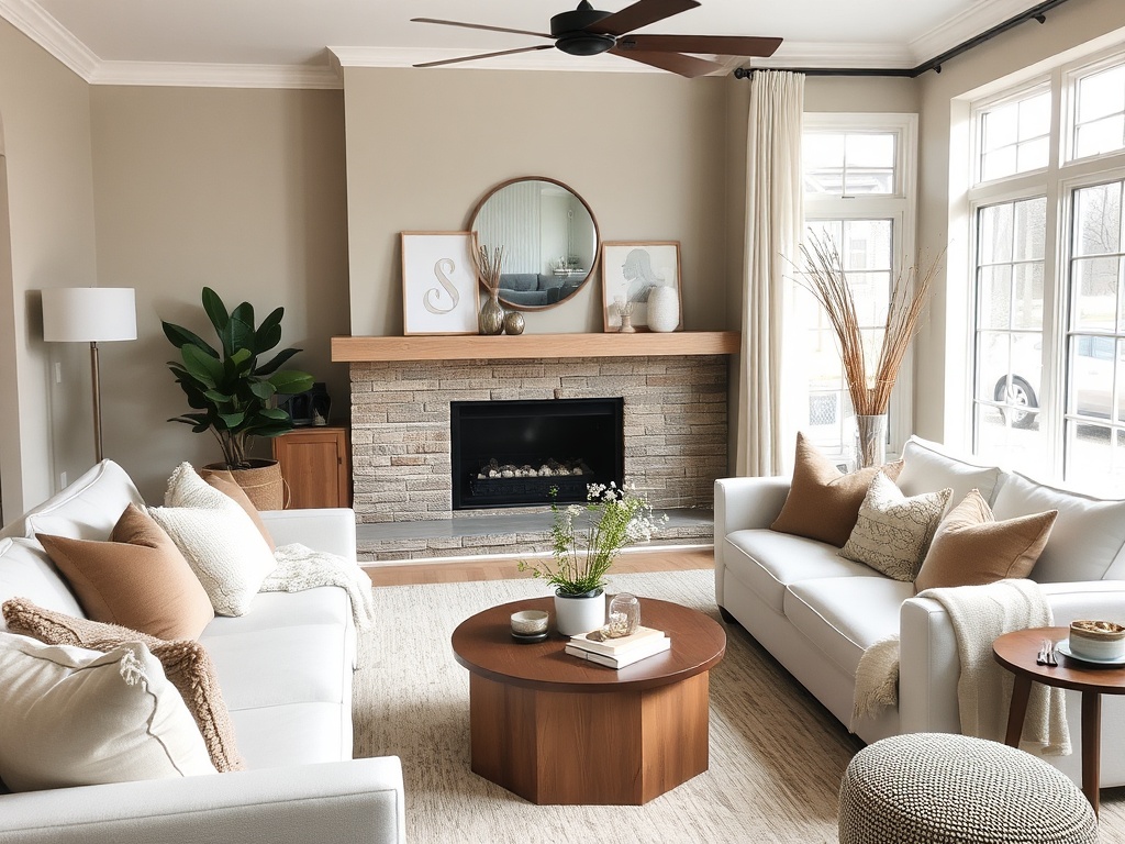 a stylish living room with layered neutral tones, soft lighting, textured pillows, and cohesive decor on a budget