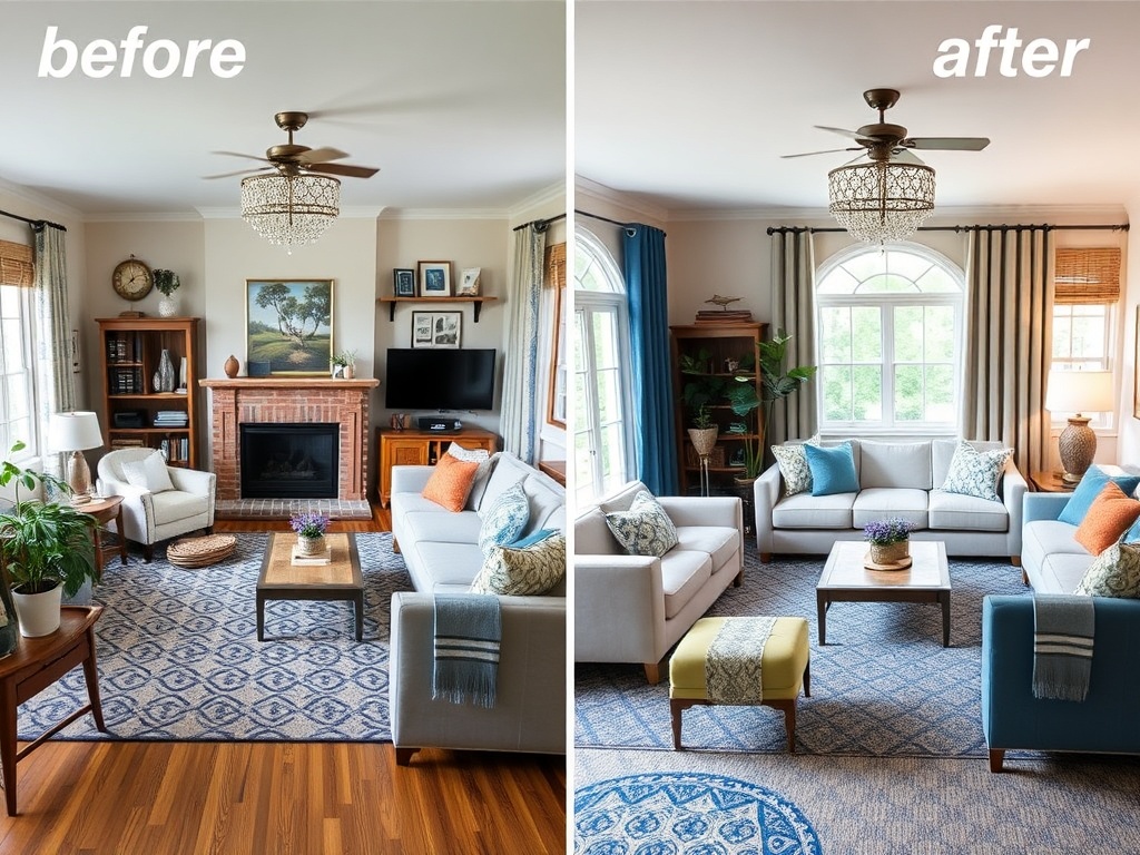 before and after comparison of a mismatched living room versus a cohesive layered room with repeating colors and textures