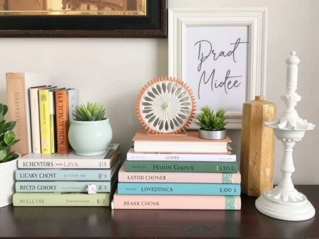 budget DIY decor setup with thrifted books, spray painted decor, and affordable styling accessories arranged neatly